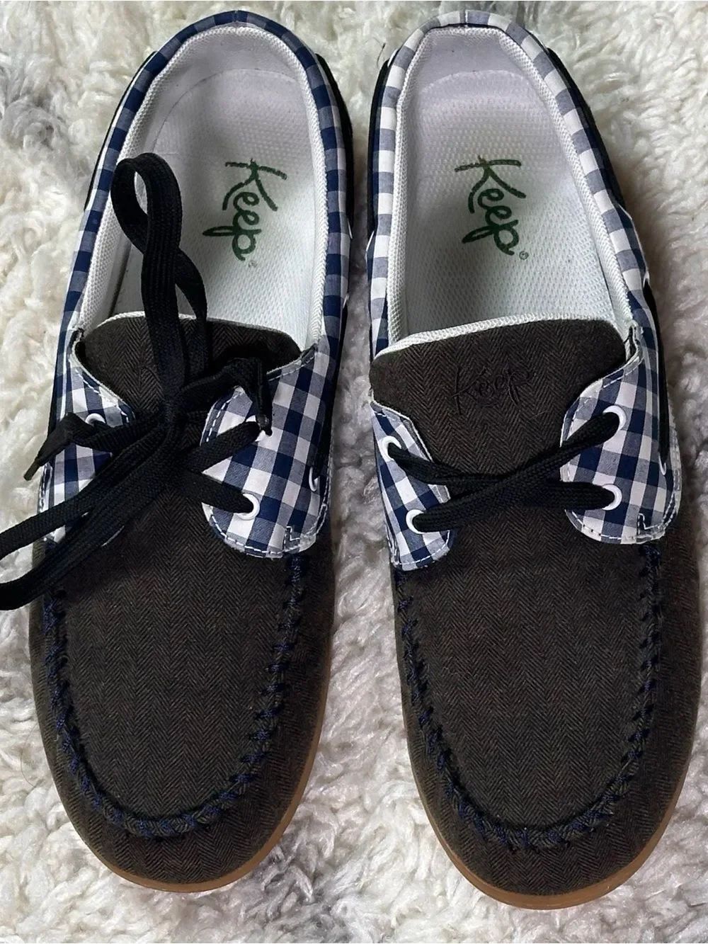 Keep Navy Gingham Canvas Boat Shoes - Brown & Navy/UNISEX